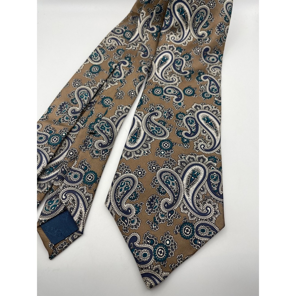 Liberty of London Silk Tie Mens Tan Navy Blue Teal Paisley Made in USA Classic